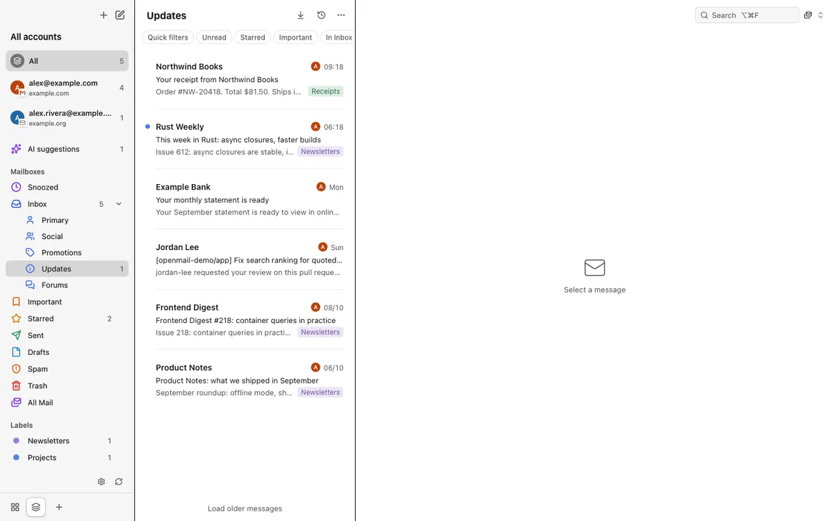 An agent proposes archiving three newsletters; the user approves it in OpenMail