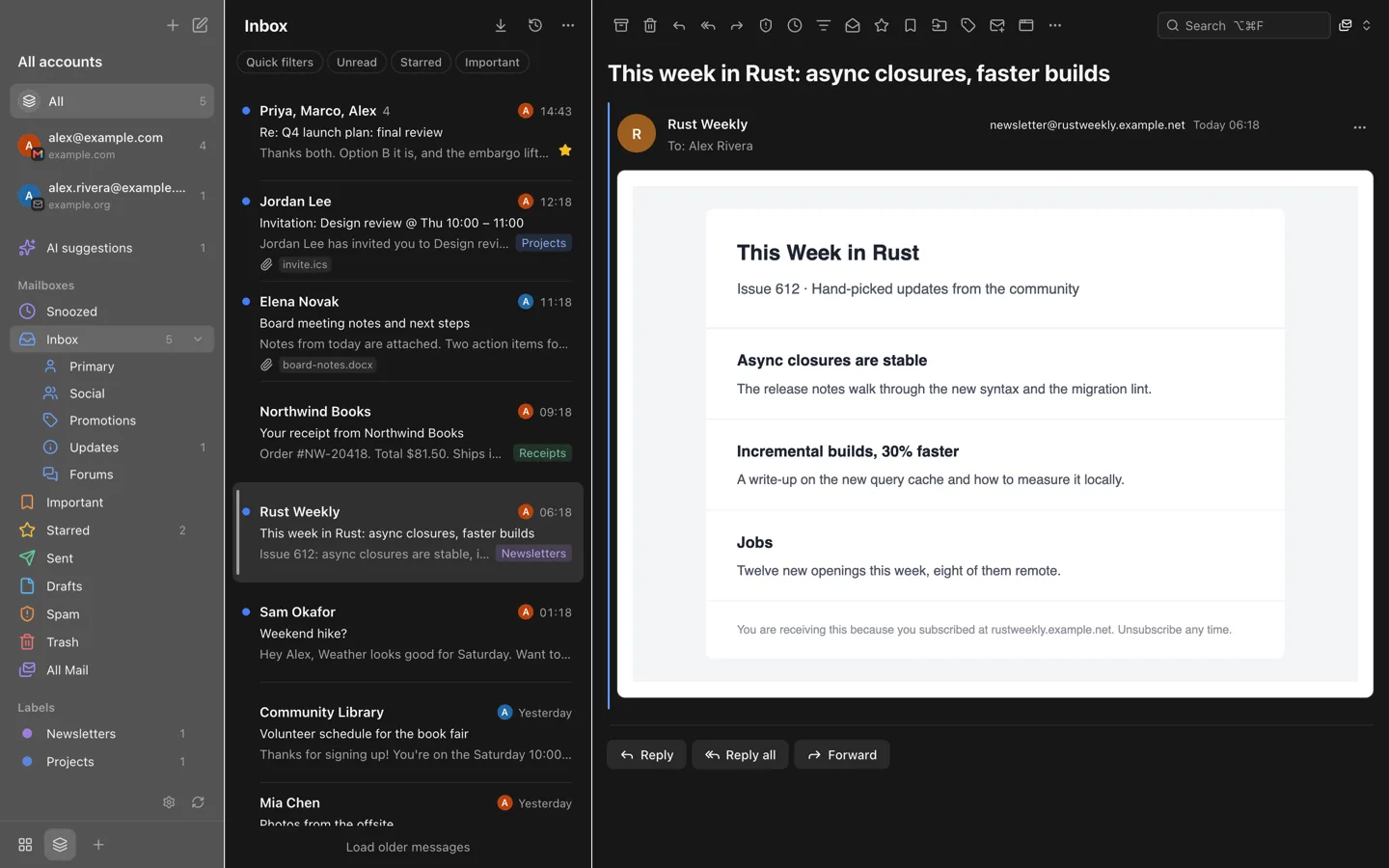 Dark mode with an HTML newsletter open