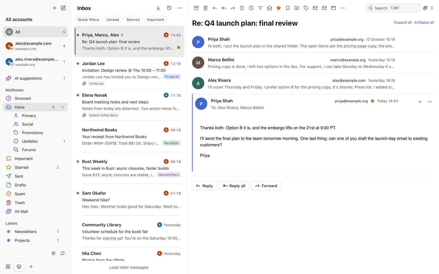 OpenMail inbox with a conversation open