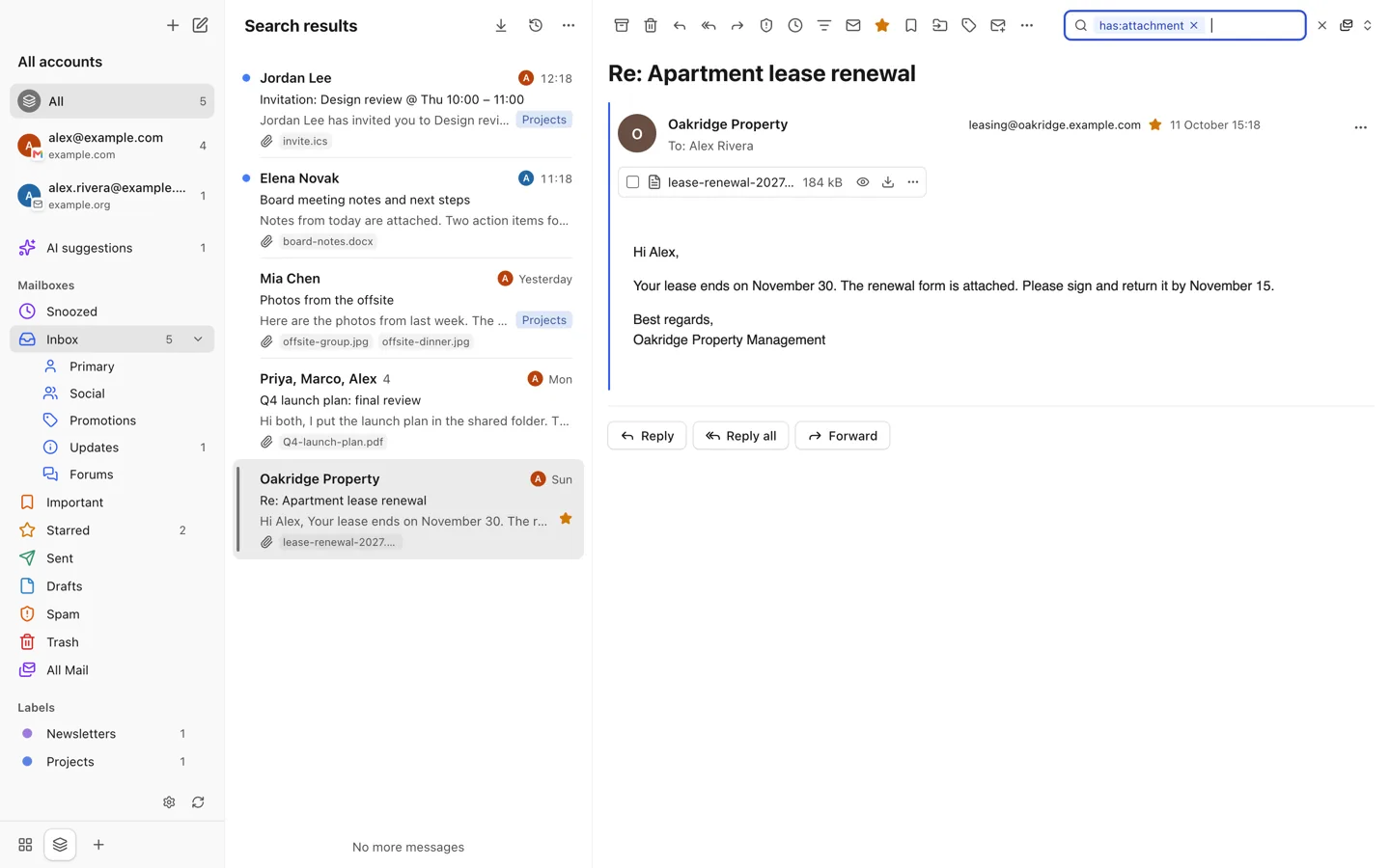 Search results for has:attachment with the matching message open
