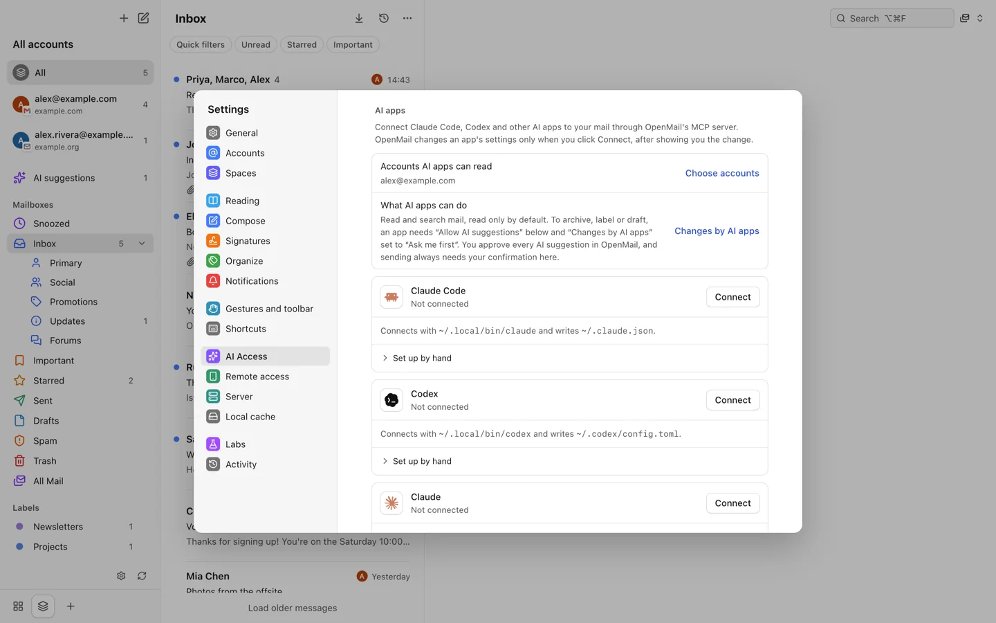 Settings, AI Access: connect Claude Code, Codex and Claude, read-only by default